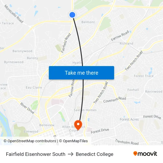 Fairfield Eisenhower South to Benedict College map