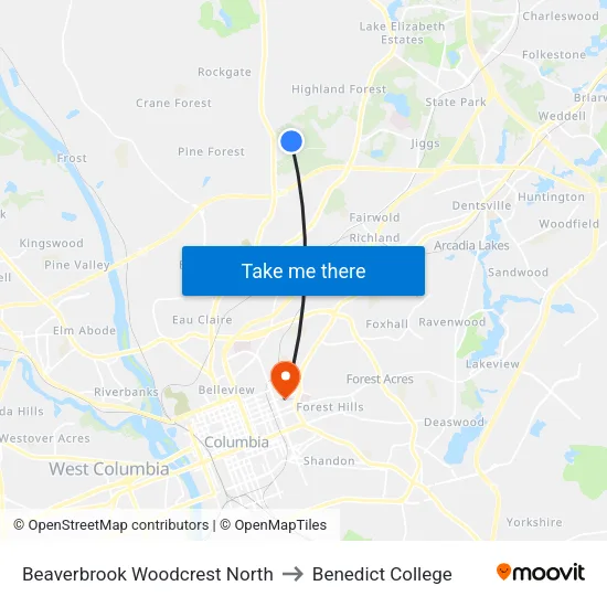 Beaverbrook Woodcrest North to Benedict College map