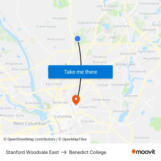 Stanford Woodvale East to Benedict College map