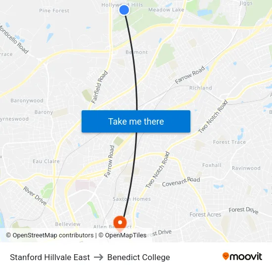 Stanford Hillvale East to Benedict College map