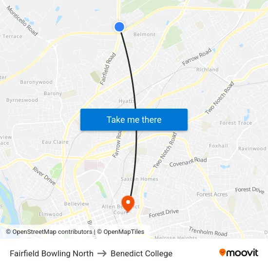 Fairfield Bowling North to Benedict College map