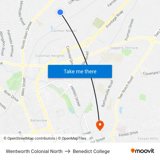 Wentworth Colonial North to Benedict College map
