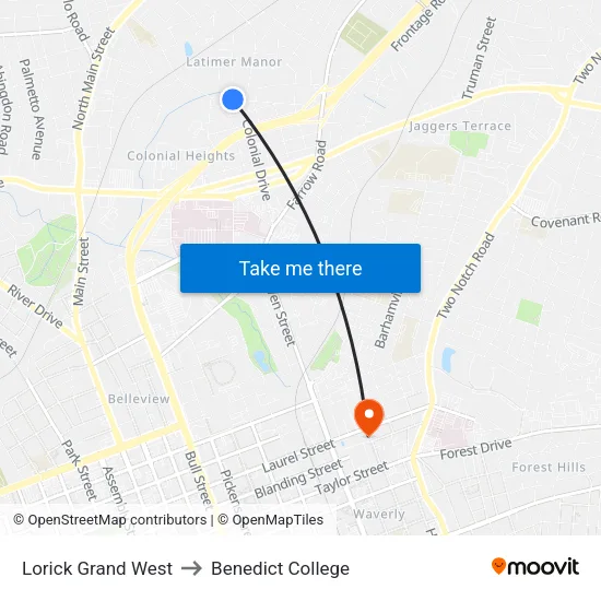Lorick Grand West to Benedict College map