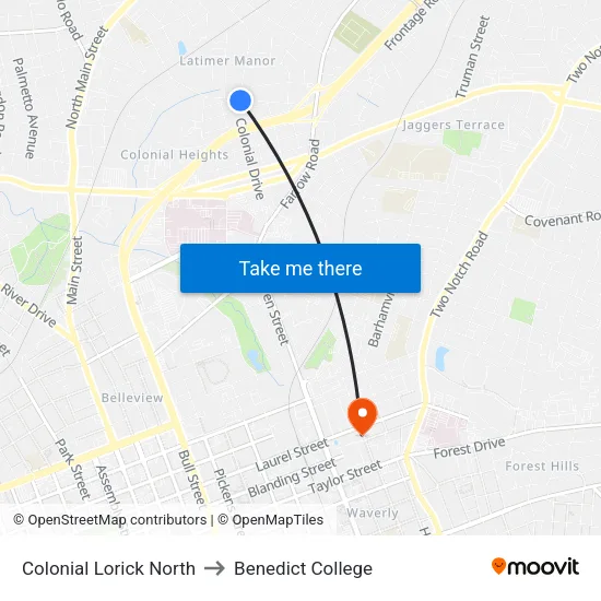Colonial Lorick North to Benedict College map