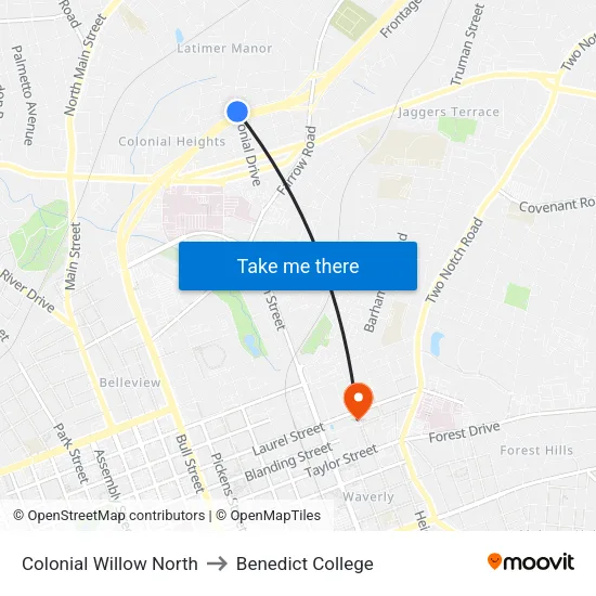 Colonial Willow North to Benedict College map