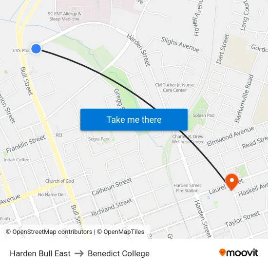 Harden Bull East to Benedict College map