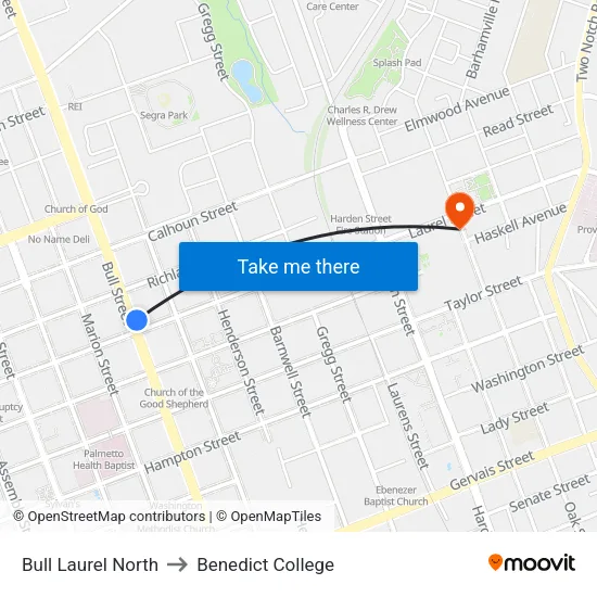 Bull Laurel North to Benedict College map