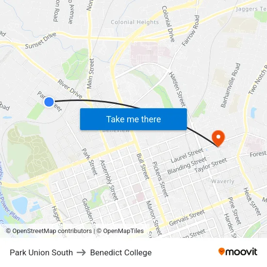 Park Union South to Benedict College map