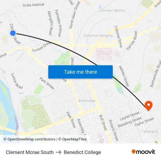 Clement Mcrae South to Benedict College map