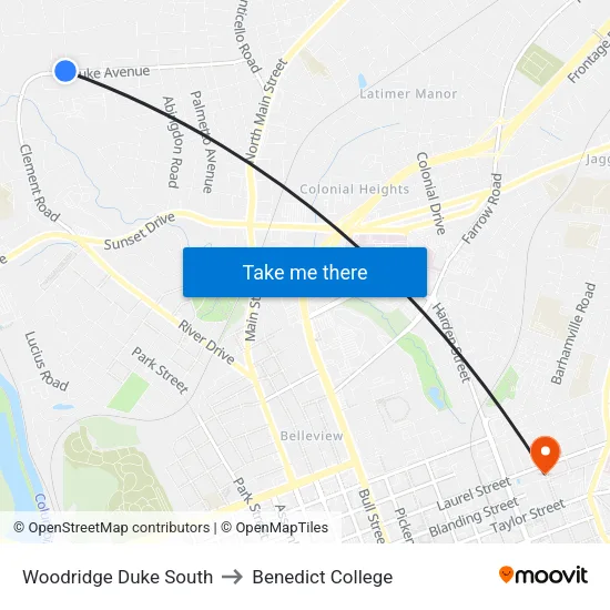 Woodridge Duke South to Benedict College map