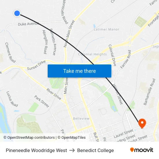 Pineneedle Woodridge West to Benedict College map