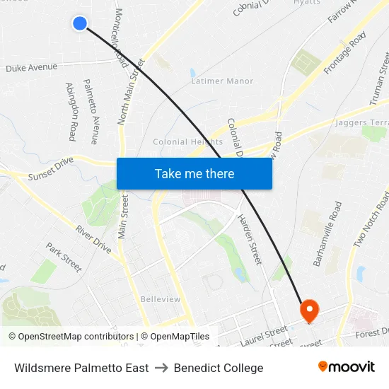 Wildsmere Palmetto East to Benedict College map