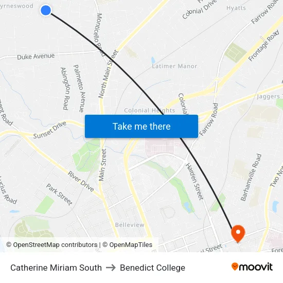 Catherine Miriam South to Benedict College map