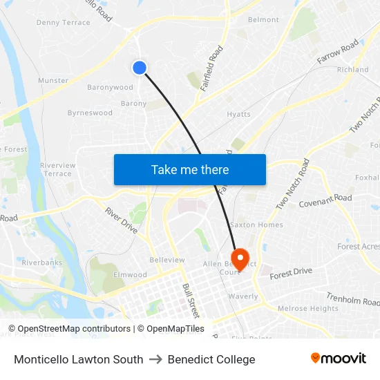 Monticello Lawton South to Benedict College map