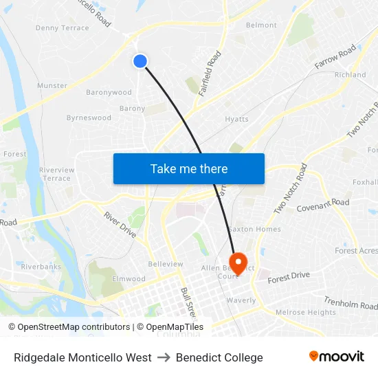 Ridgedale Monticello West to Benedict College map