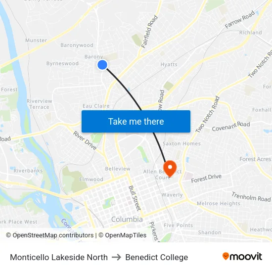 Monticello Lakeside North to Benedict College map