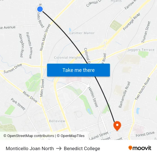 Monticello Joan North to Benedict College map