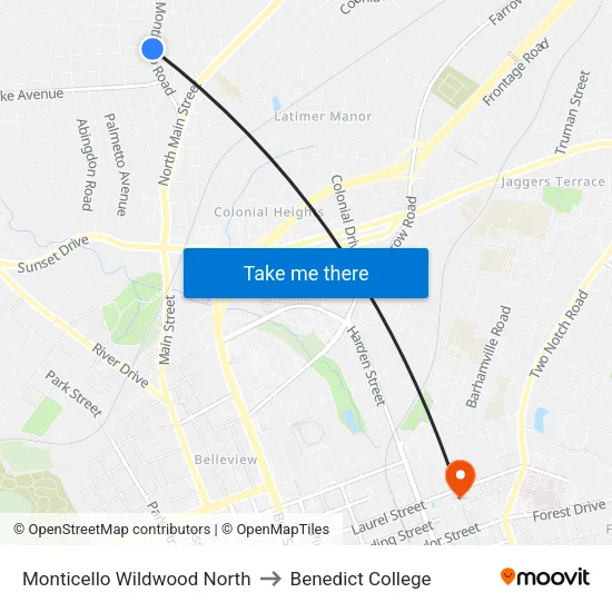 Monticello Wildwood North to Benedict College map