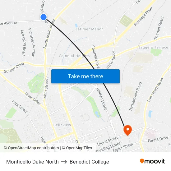 Monticello Duke North to Benedict College map