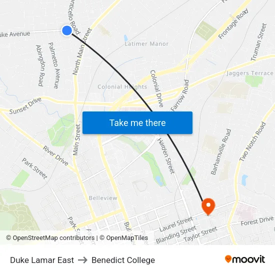 Duke Lamar East to Benedict College map