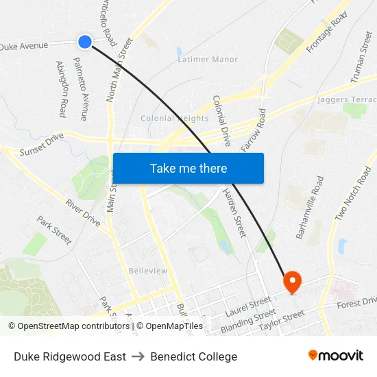 Duke Ridgewood East to Benedict College map