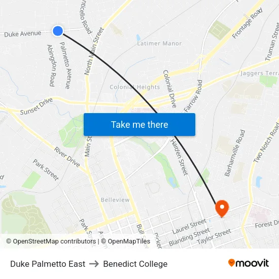 Duke Palmetto East to Benedict College map
