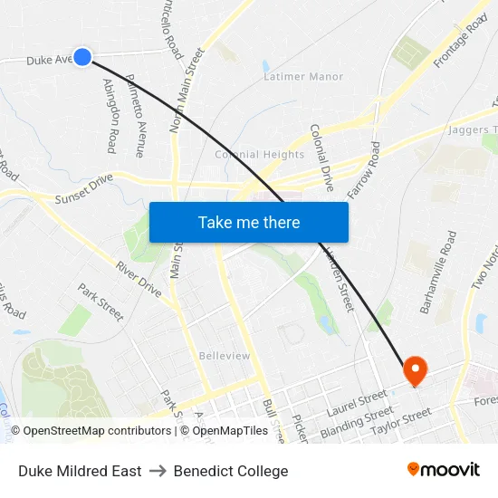 Duke Mildred East to Benedict College map