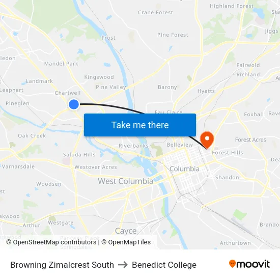 Browning Zimalcrest South to Benedict College map