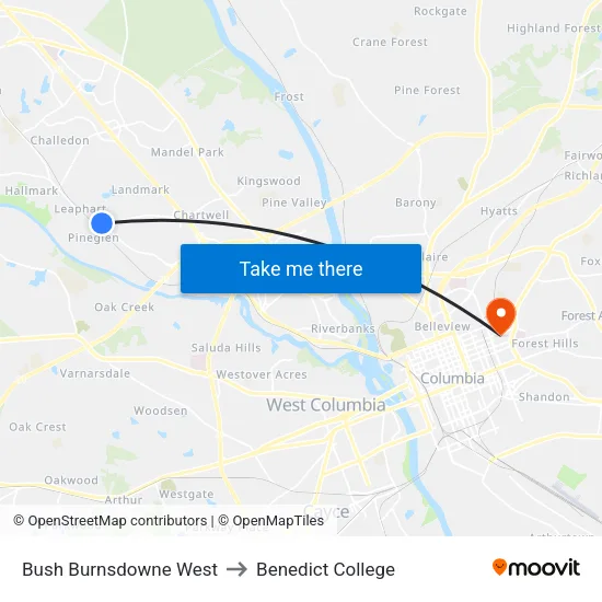 Bush Burnsdowne West to Benedict College map