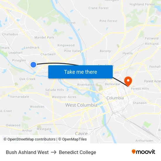 Bush Ashland West to Benedict College map