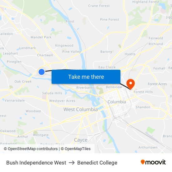 Bush Independence West to Benedict College map