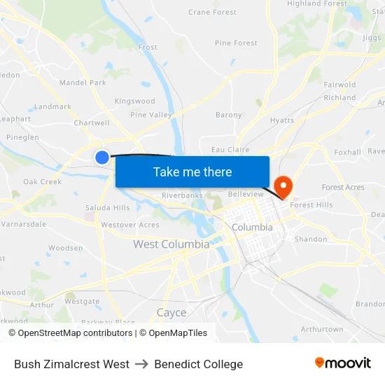 Bush Zimalcrest West to Benedict College map