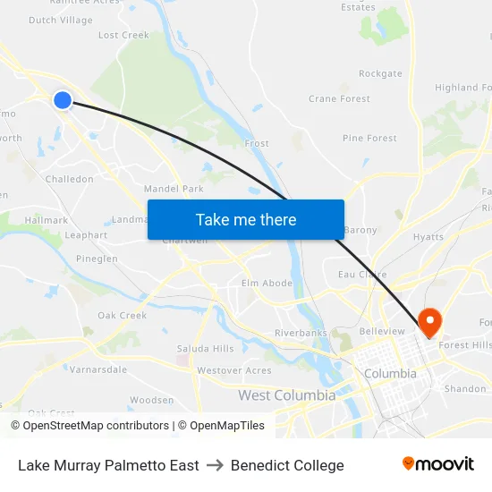 Lake Murray Palmetto East to Benedict College map