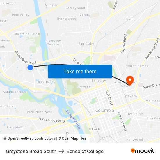 Greystone Broad South to Benedict College map