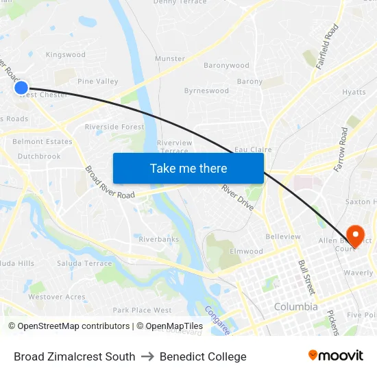 Broad Zimalcrest South to Benedict College map