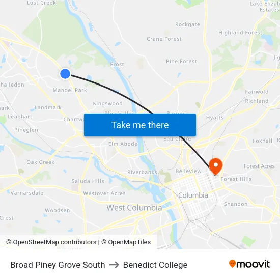 Broad Piney Grove South to Benedict College map