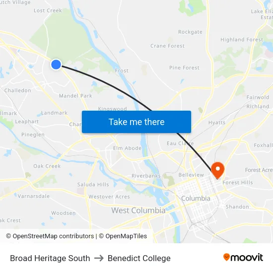 Broad Heritage South to Benedict College map