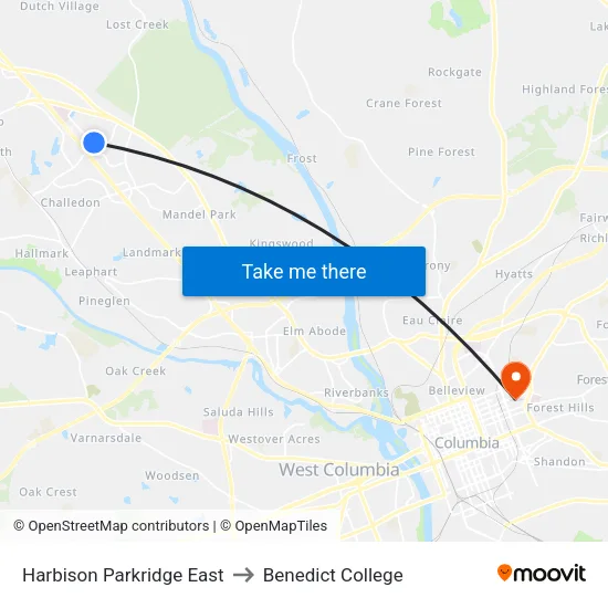 Harbison Parkridge East to Benedict College map