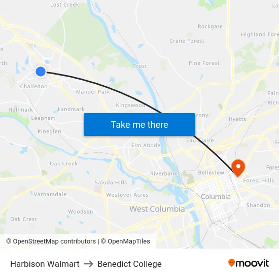 Harbison Walmart to Benedict College map