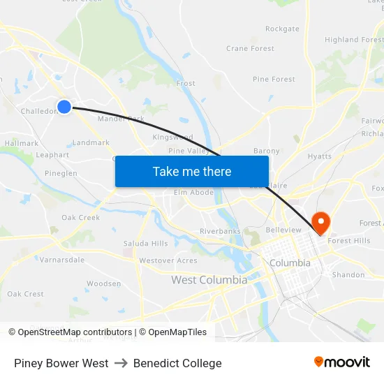 Piney Bower West to Benedict College map