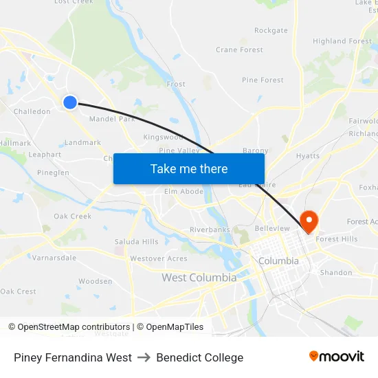 Piney Fernandina West to Benedict College map