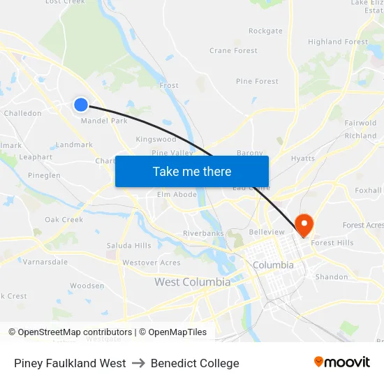 Piney Faulkland West to Benedict College map