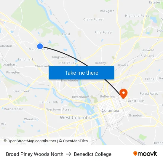 Broad Piney Woods North to Benedict College map