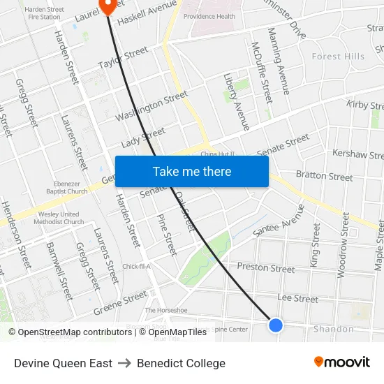 Devine Queen East to Benedict College map