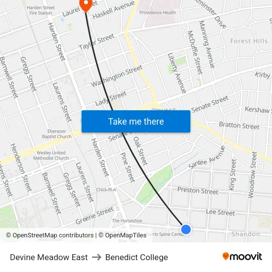 Devine Meadow East to Benedict College map