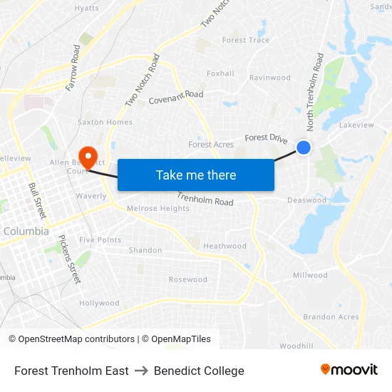 Forest Trenholm East to Benedict College map
