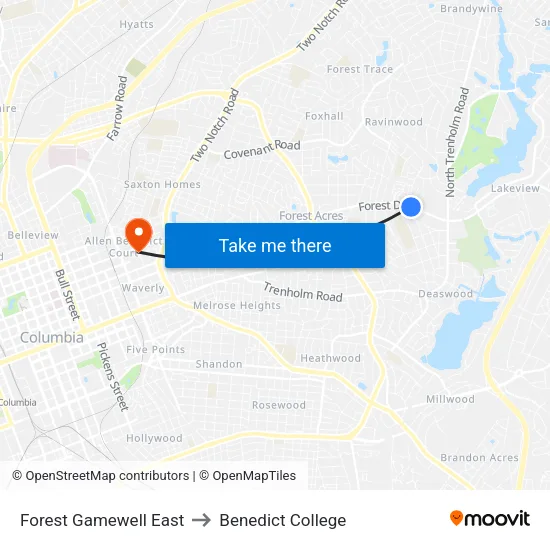 Forest Gamewell East to Benedict College map