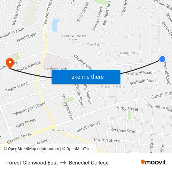 Forest Glenwood East to Benedict College map