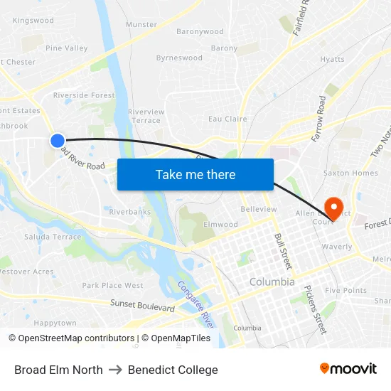 Broad Elm North to Benedict College map