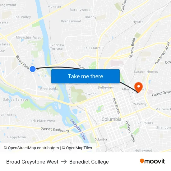 Broad Greystone West to Benedict College map